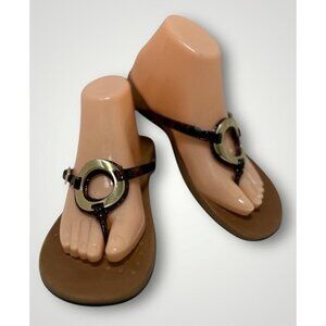 Vionic Tide 9 Brown Tortoise Flip Flop Gold Medallion Thong Sandals